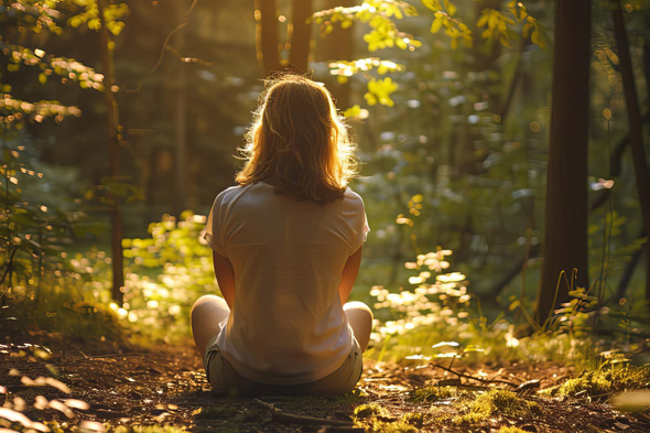 A person sitting cross-legged in a sunlit forest, surrounded by greenery and soft, glowing light, reflecting a peaceful moment of meditation.